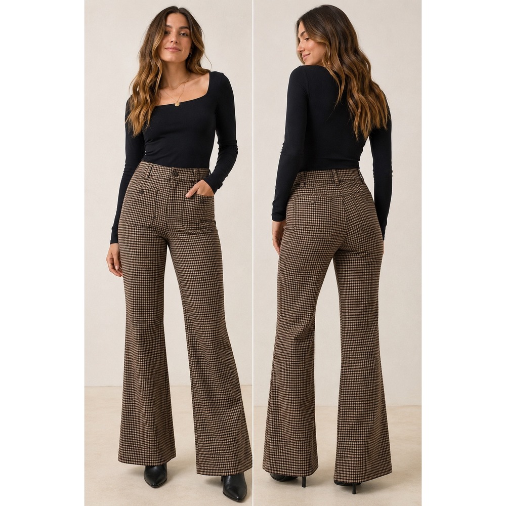 Altar'd State Gingham Flare Pants Brown Black Petite 26" Inseam
